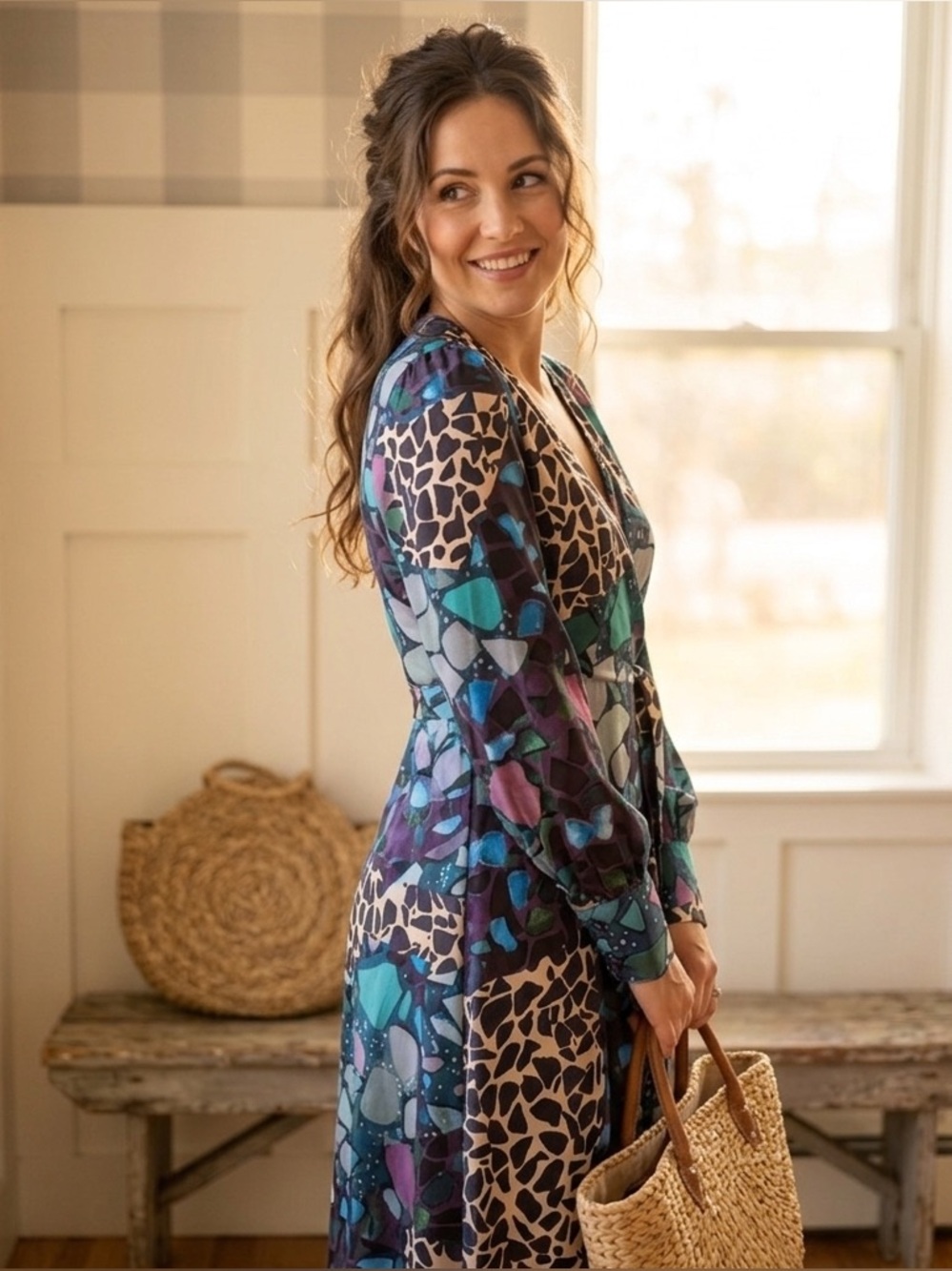 Abstract Colorblock Wrap Maxi Dress — Teal, Purple‎ & Black 6